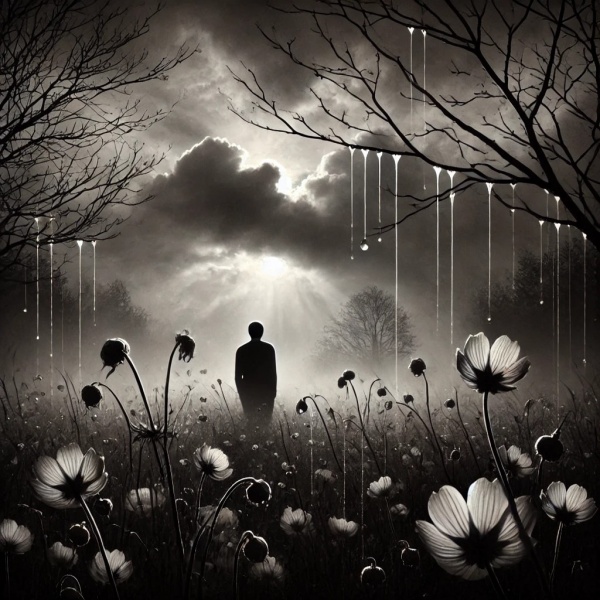 File:DALL·E 2025-01-07 16.28.08 - Uma cena poética e melancólica. A imagem mostra um campo com flores delicadas surgindo de um solo úmido, regado por gotas de orvalho ou lágrimas que c.jpeg