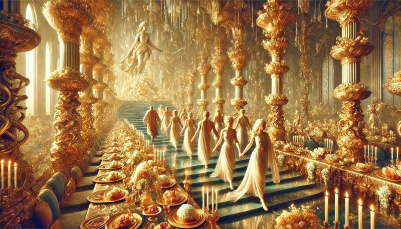 File:DALL·E 2025-01-13 13.33.59 - A majestic scene inside radiant palaces adorned with gold and precious metals. Elegant nymphs, dressed in flowing garments, walk hand in hand with the.jpeg